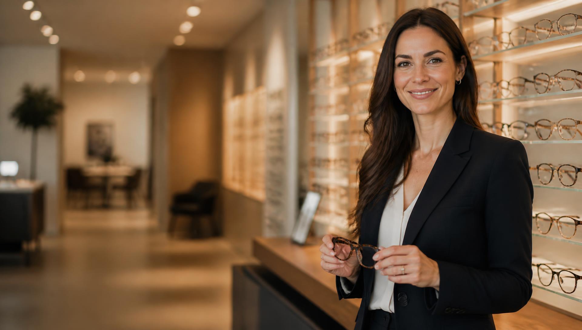 Ottica Leonardo ad Ancona: professionista del settore ottico nel negozio tra le montature esposte